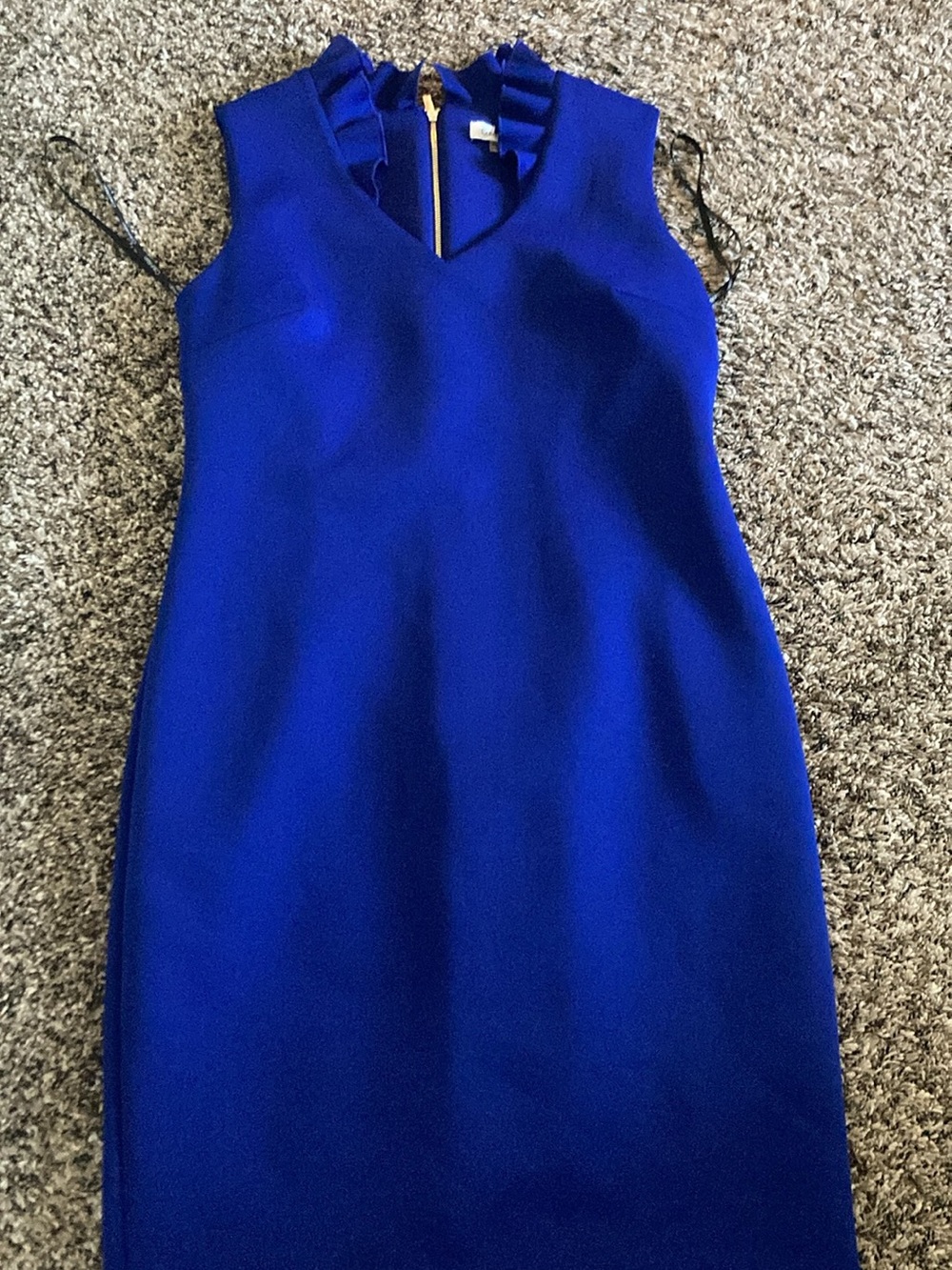 Calvin Klein Royal Blue Ruffled V-Neck Midi Sheath Dress